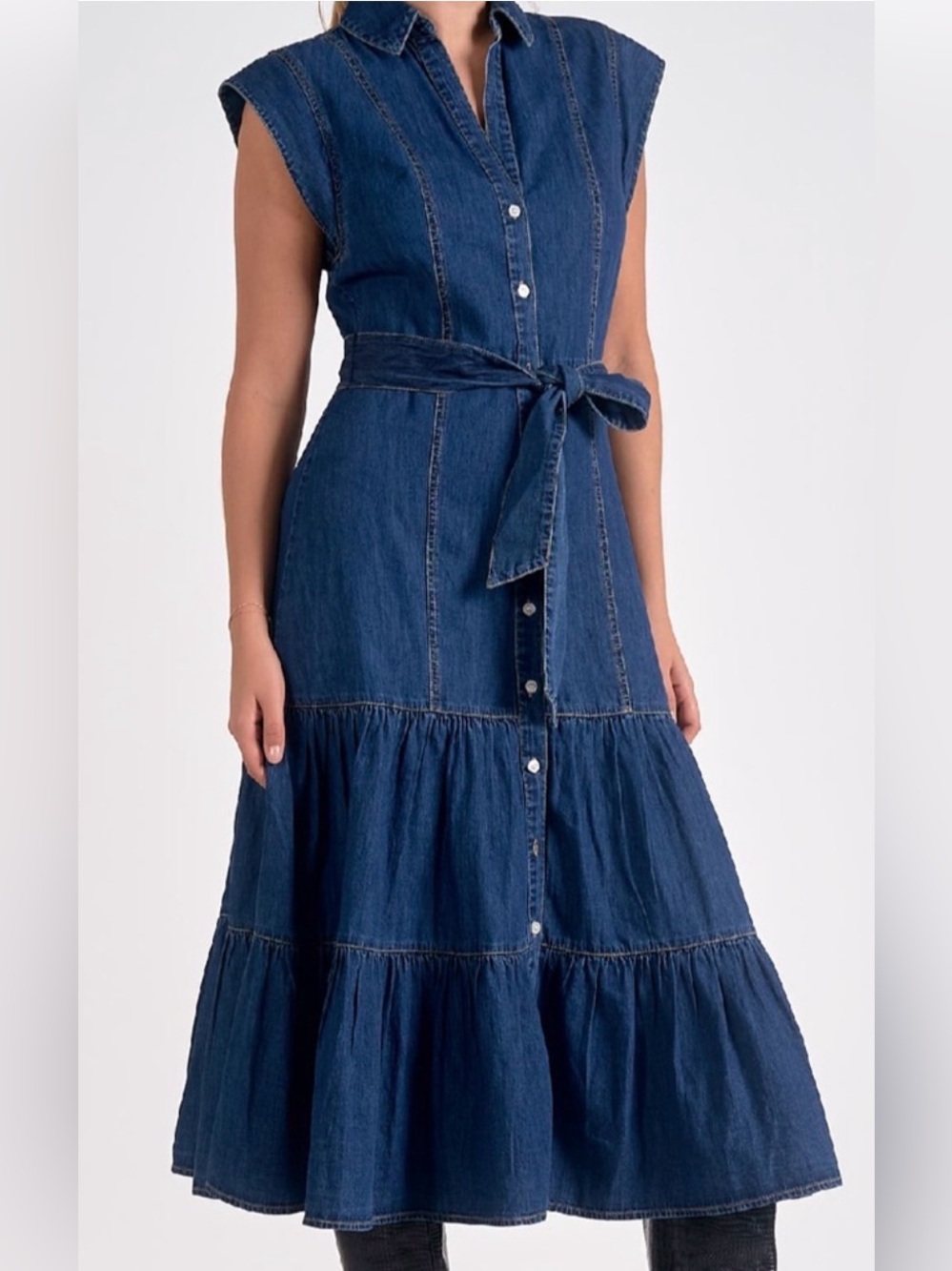 Elan Indigo Denim Tiered Maxi Skirt with Self-Tie Waist